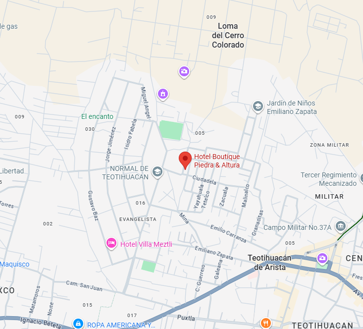 Mapa de ubicación de Hotel Boutique Piedra & Altura cerca de la Zona Arqueológica de Teotihuacán