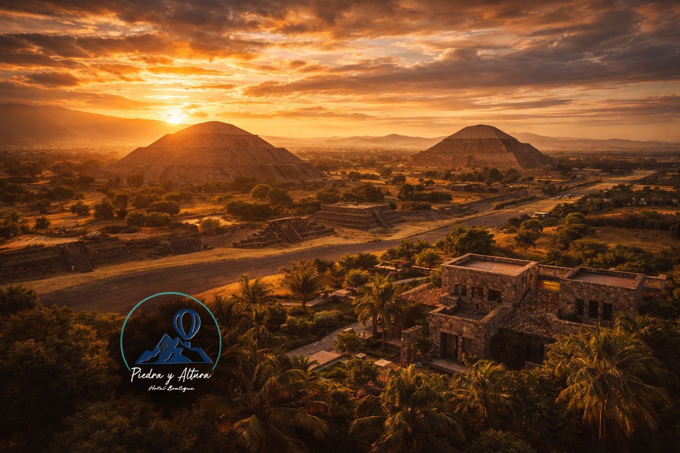 Vista panorámica de las pirámides de Teotihuacán durante el amanecer
