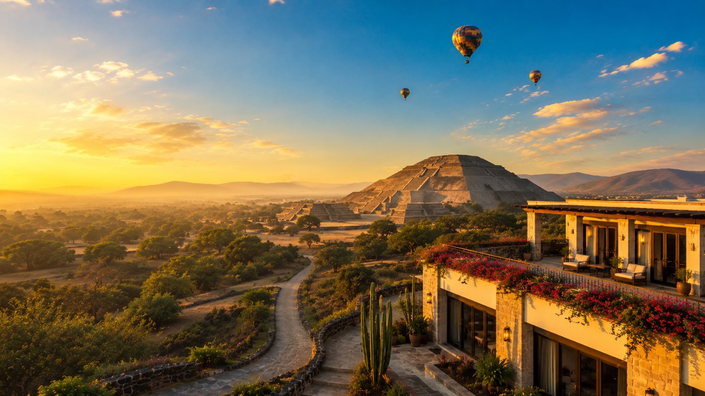 hotel cerca de las pirámides de Teotihuacán al amanecer