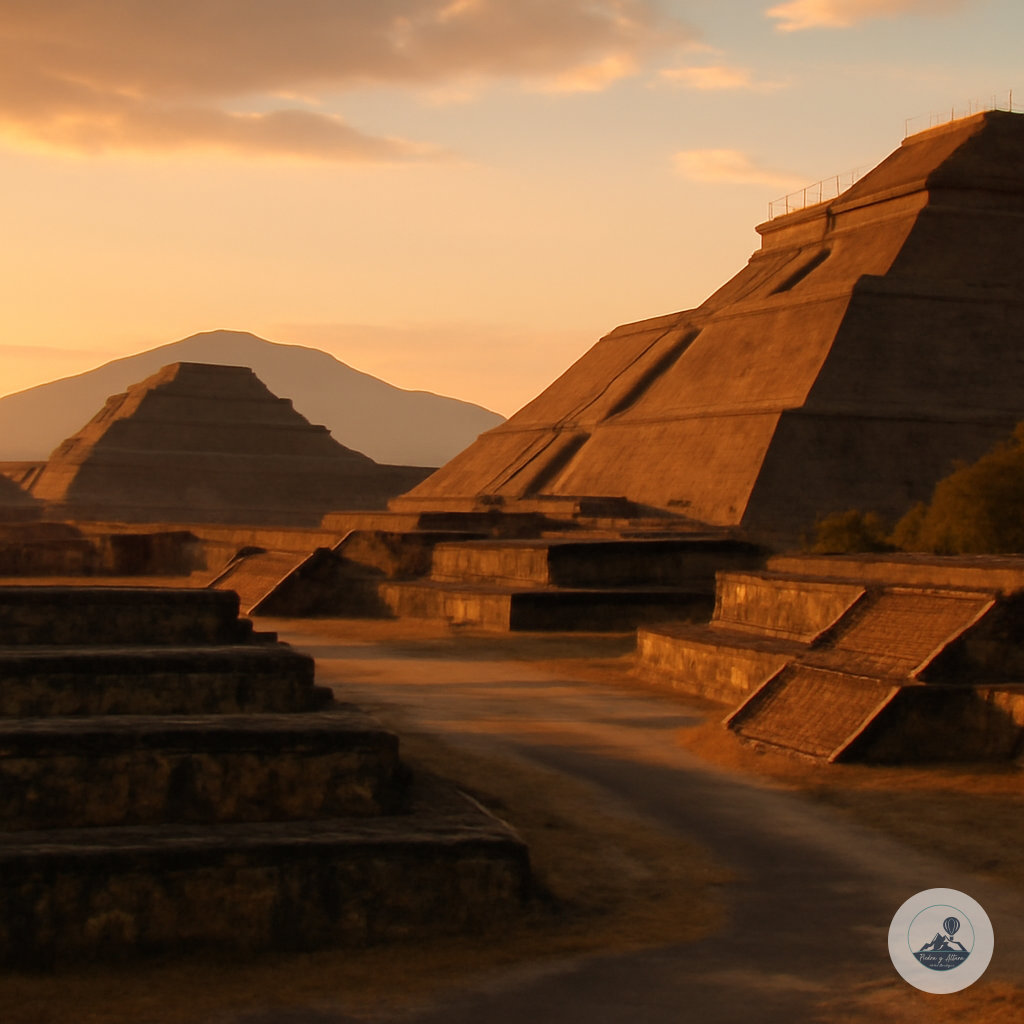 Pirámides de Teotihuacán durante el amanecer, con luz dorada